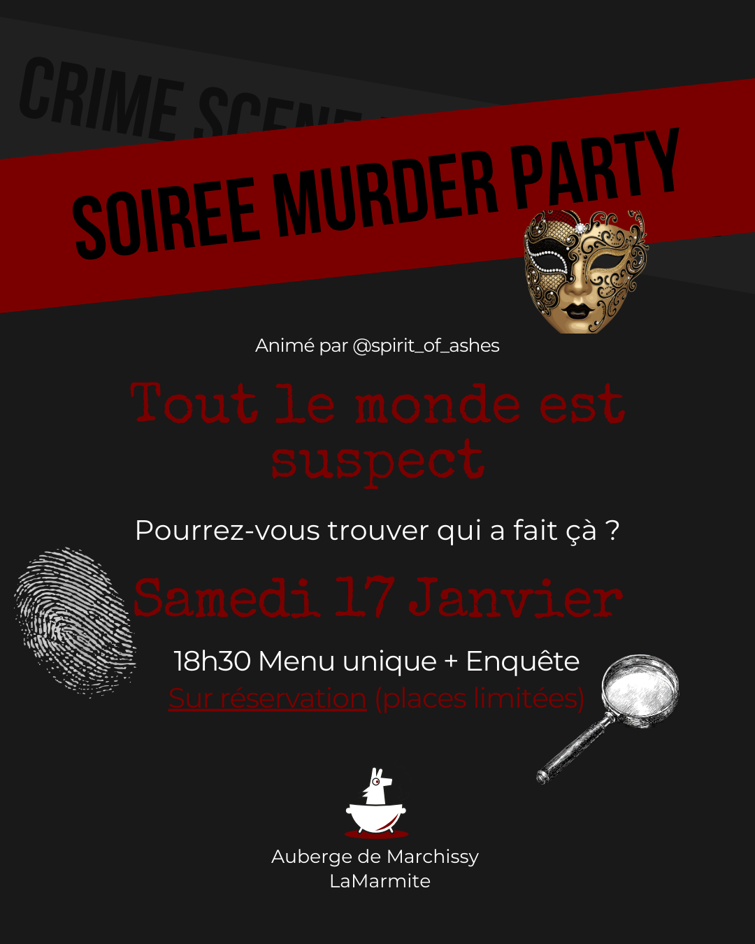 Soirée Meurtre et Mystère à LaMarmite -Enquête Bal masqué Vénitien et repas gourmet, 17 janvier 2025